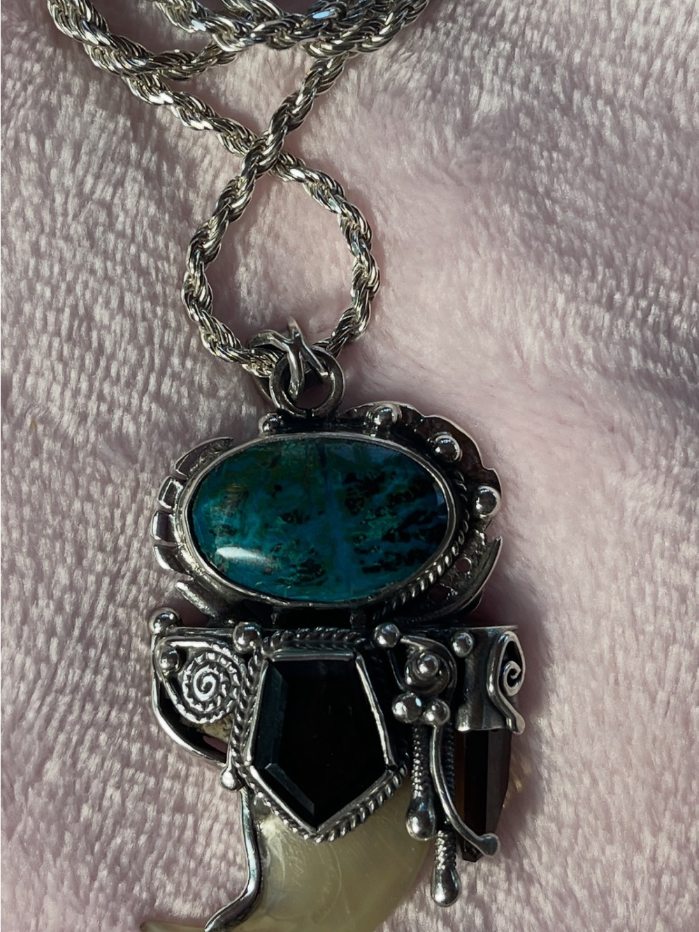Sterling Silver Turquoise & Black Multi-Stone Pendant Necklace